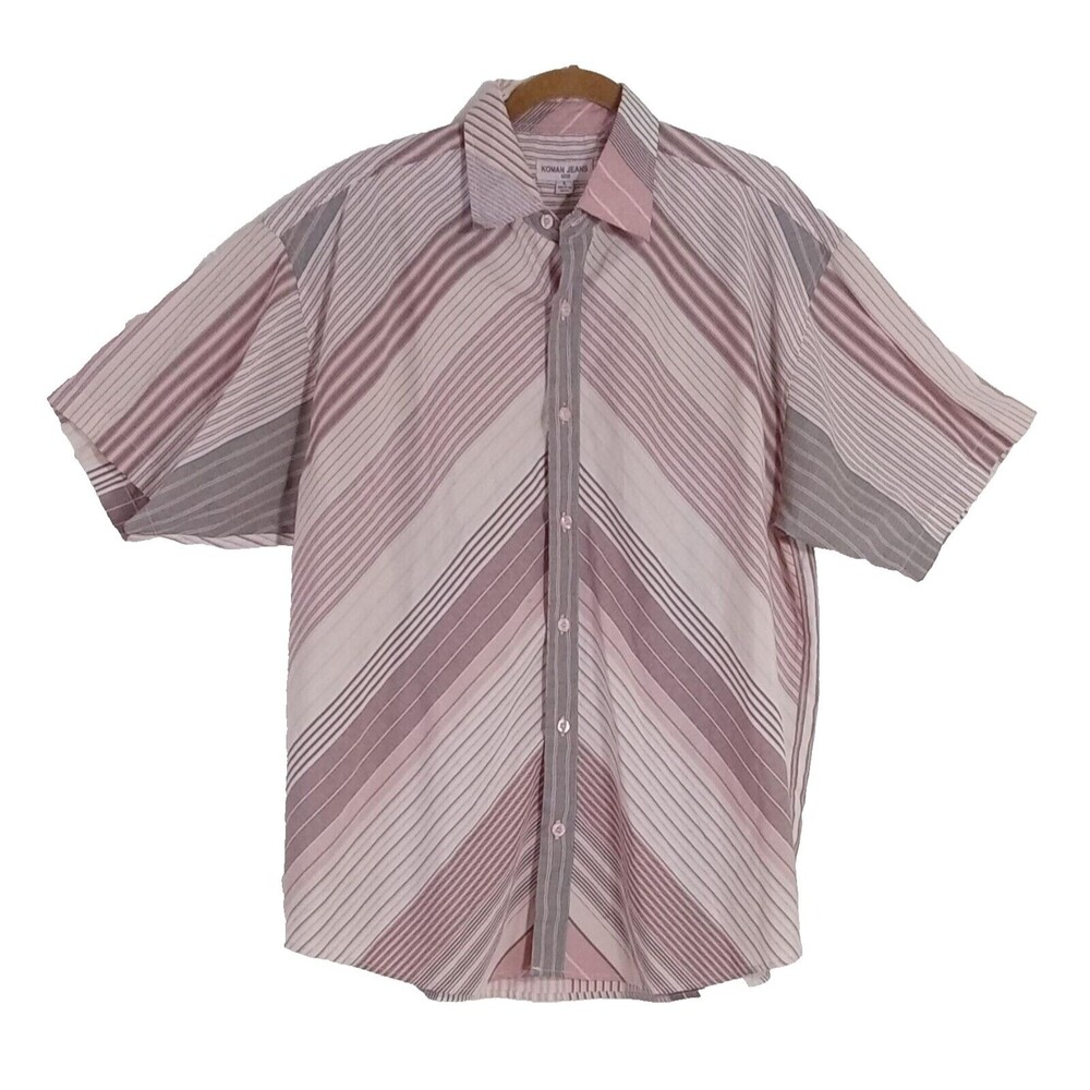 Koman Jeans Shirt Button Front Short Sleeve Mens LARGE Pink Gray‎ Stripe